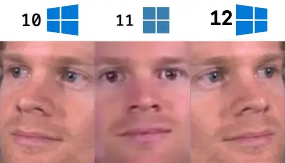 Naljapilt: Win10 logo on suunaga vasakule poole, Win11 otse ja Win12 suunaga paremale